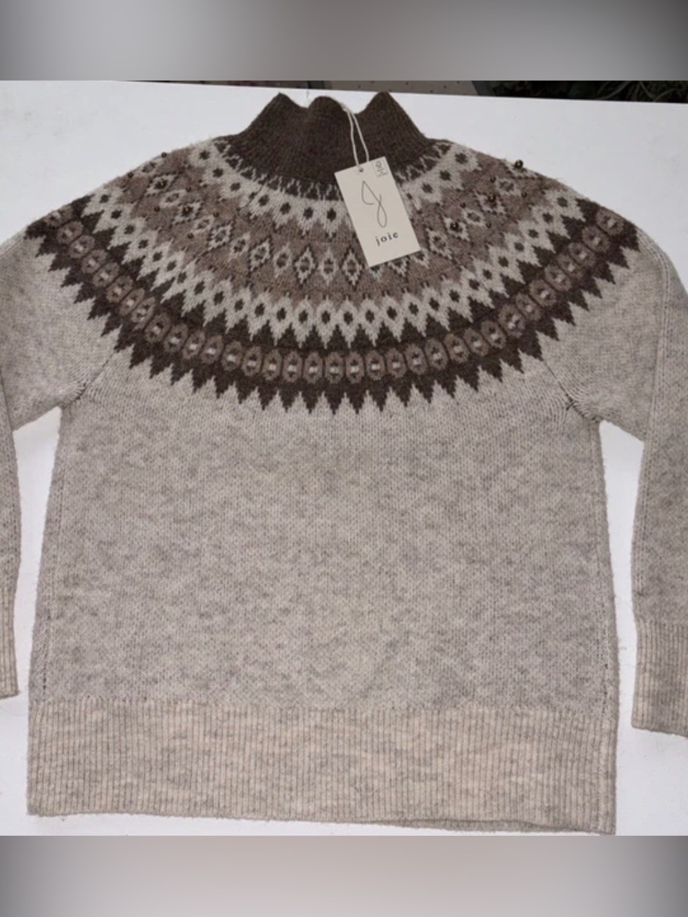 JOIE Nordic Fair Isle Mock Turtle Neck Sweater Brown Beaded Sz Small NWT